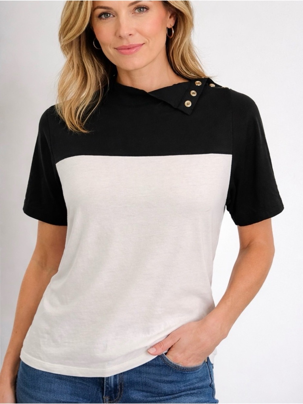 Nation Los Angeles Black White Colorblock Mock Neck Top Snap XS NWT Organic